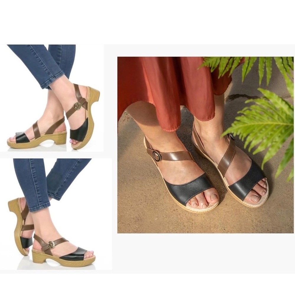 Dansko Marjory 41 Black Brown Leather T-Strap Platform Sandal Clog